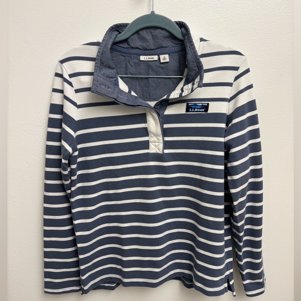 L.L. Bean Women’s Pullover Sweatshirt Quarter Button Small Blue and White Stripe - Picture 2 of 9